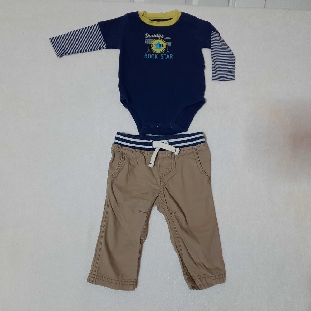 DADDY'S LITTLE ROCK STAR OUTFIT Carter's Long Sleeve Bodysuit Khaki Pants Set LN